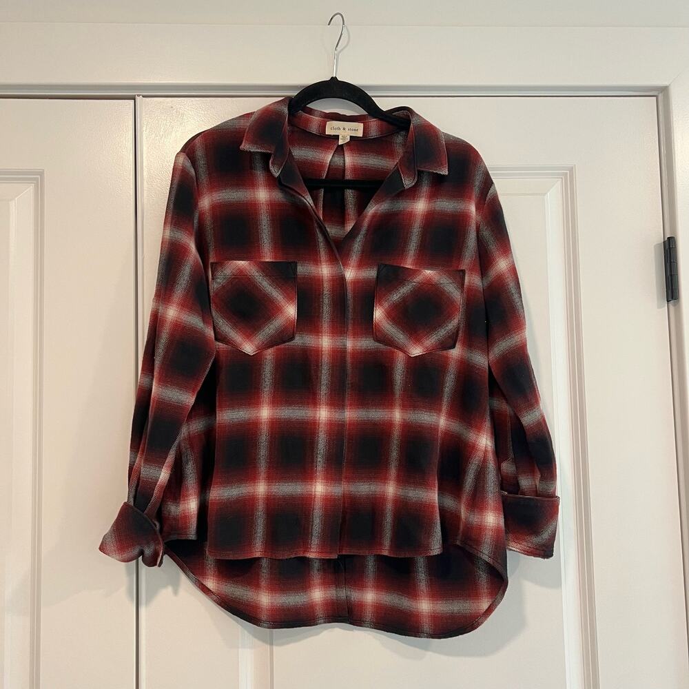 Cloth and Stone Women's Cotton Button Down‎ Flannel Black Red Size M